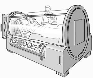 Health care provider monitoring person lying in hyperbaric chamber.