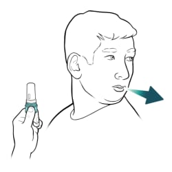 Person holding inhaler upright and away from mouth, breathing out.