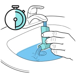 Hand holding inhaler under faucet, water running into top and out mouthpiece, with clock showing time passing.