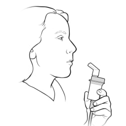 Person holding empty medicine cup away from mouth.