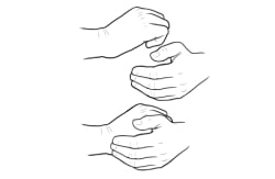 Two sets of hands: one set with hand in front of fist, showing side of fist with little finger, and other set with hand grasping fist.