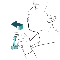 Person holding inhaler upright with one hand, pointing inhaler away from face.