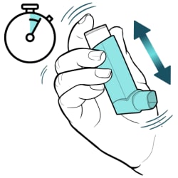 Hand holding inhaler upright, shaking inhaler up and down, with clock showing time passing.