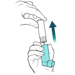 Hand holding inhaler upright, with other hand pulling up on canister, sliding it out of inhaler.