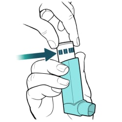 Hands holding inhaler upright, with canister visible at top of inhaler and arrow pointing to date on canister.