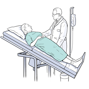 Healthcare provider monitoring patient during tilt table test.