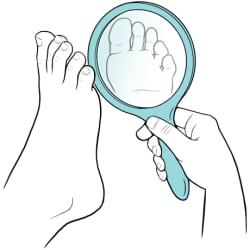 Bottom of foot reflecting in handheld mirror.