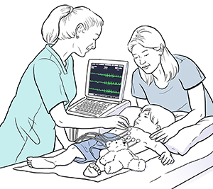 Healthcare provider giving boy electrocardiogram while woman looks on.