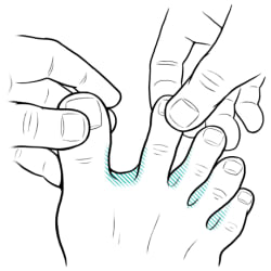 Hands spreading toes apart on one foot.