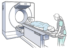 Woman lying on scanner table.