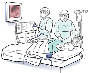 Doctor and technician performing colonoscopy on patient lying on side.