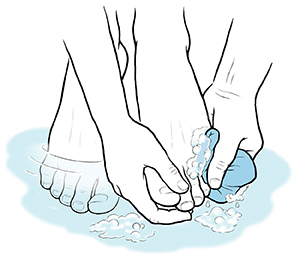 Hands using cloth to wash feet with soap and water.