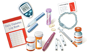 Diabetes toolkit showing log book, glucometer, insulin pen, medication bottles, insulin, glucose tablets, lancet, test strips, syringe, medicalert bracelet, and ID card.