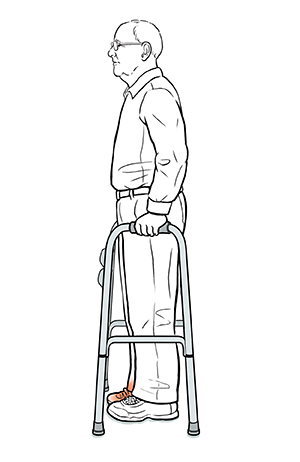 Person with both feet positioned in walker, preparing to move the walker forward for another step using the weight bearing technique.