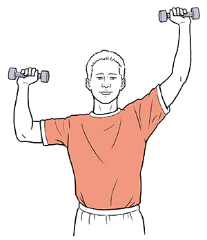Man doing shoulder press with hand weights.