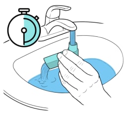 Hand holding inhaler under faucet, water running into mouthpiece and out the top, with clock showing time passing. 