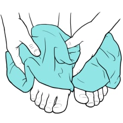 Hands drying feet with towel.