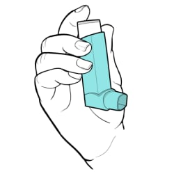 Hand holding inhaler upright, no cap on mouthpiece.